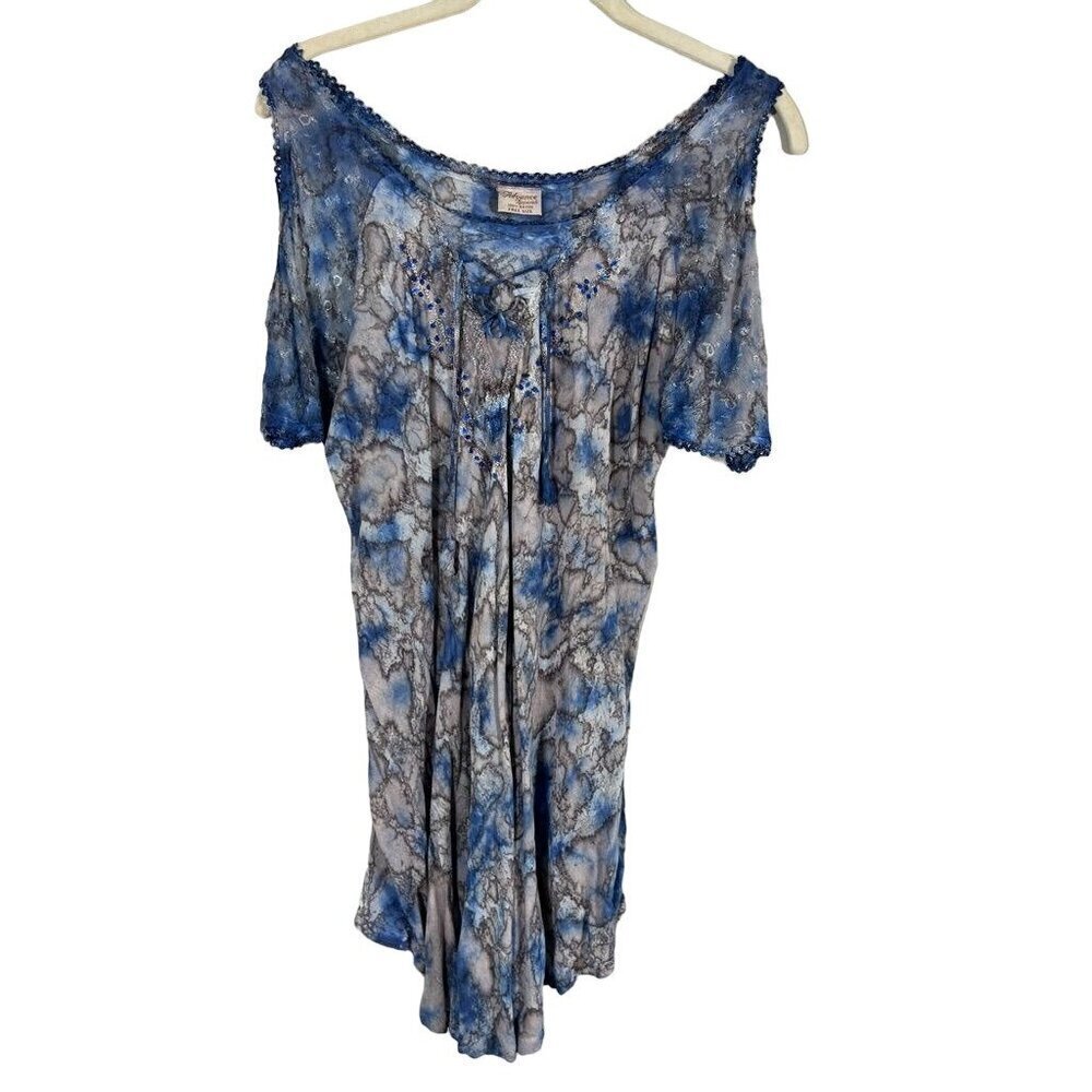 Tie Dye Floral Top M Blue Cold Shoulder Grunge Biker Tassel Hi Low Retro 80s